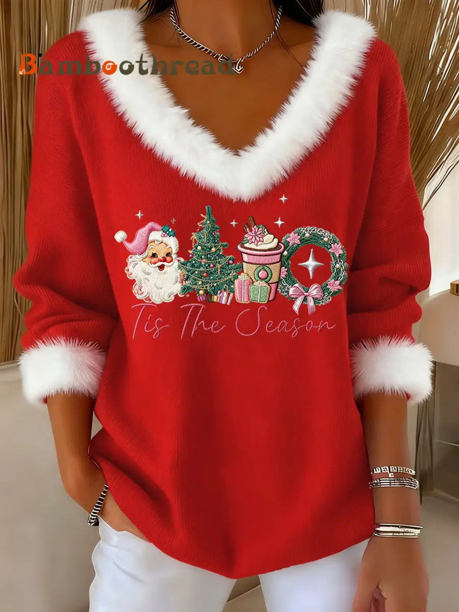 Women's Pink Christmas Sants Claus Print Casual Fur Collar V-Neck Top - Image 2