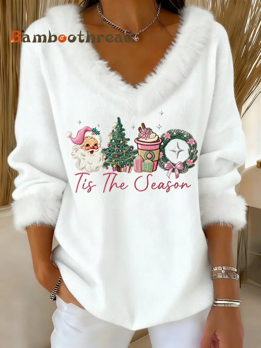Women's Pink Christmas Sants Claus Print Casual Fur Collar V-Neck Top - Image 3