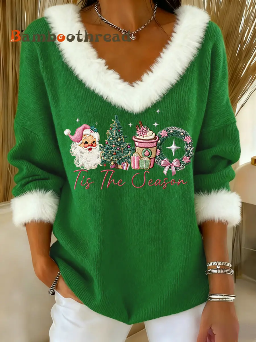 Women's Pink Christmas Sants Claus Print Casual Fur Collar V-Neck Top - Image 4