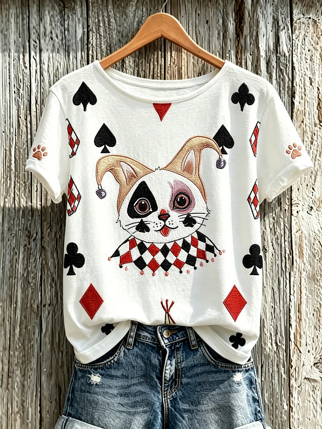 Women's Poker Cat Pattern Casual Washed T-shirt