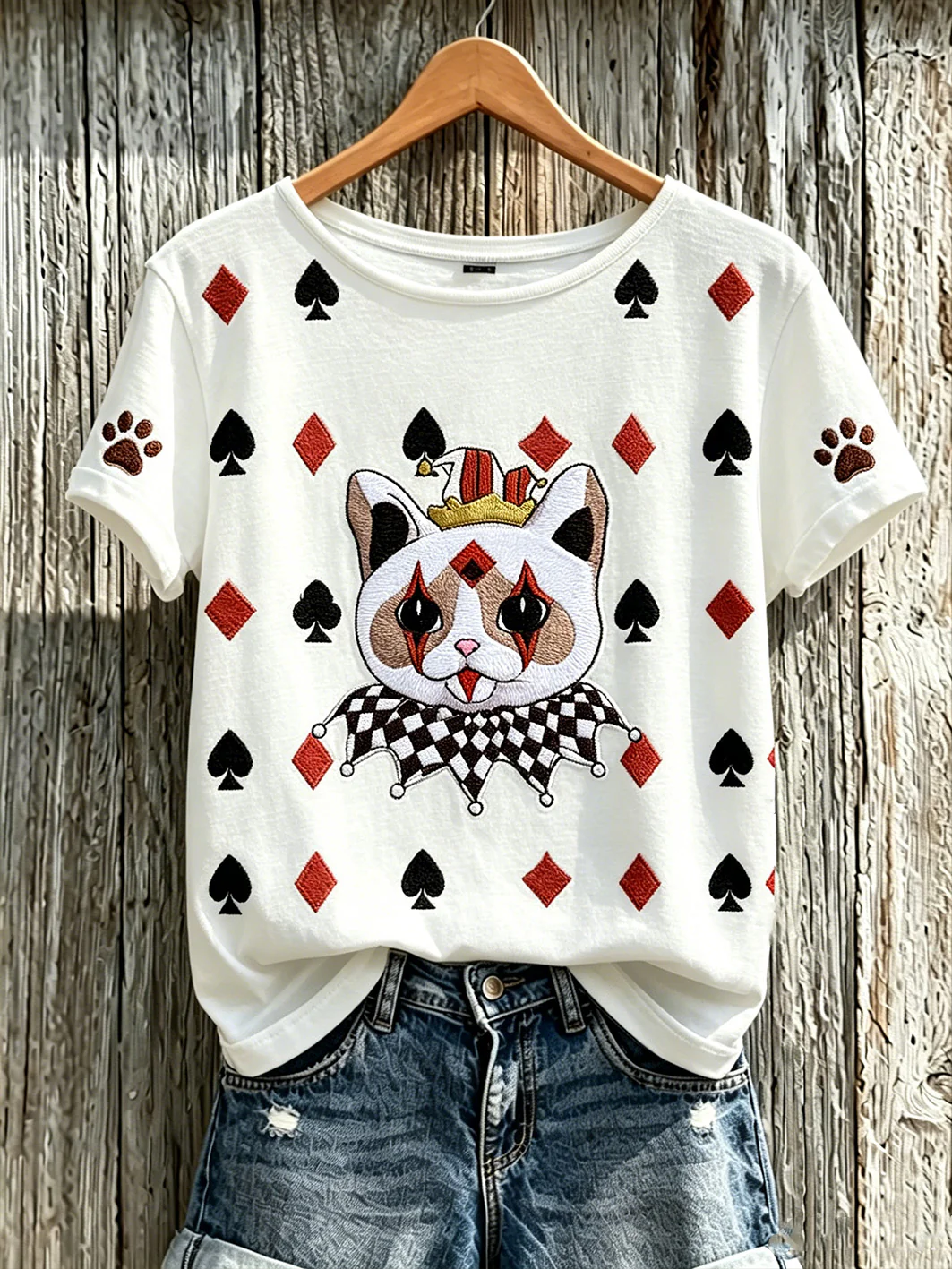Women's Poker Cat Pattern Casual Washed T-shirt