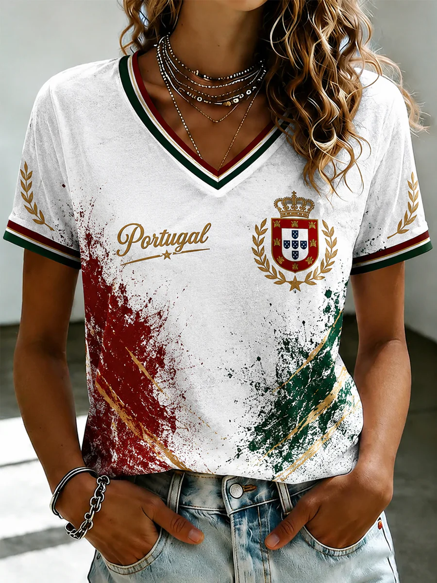 Women's Portuguese Football Printed V-neck T-shirt