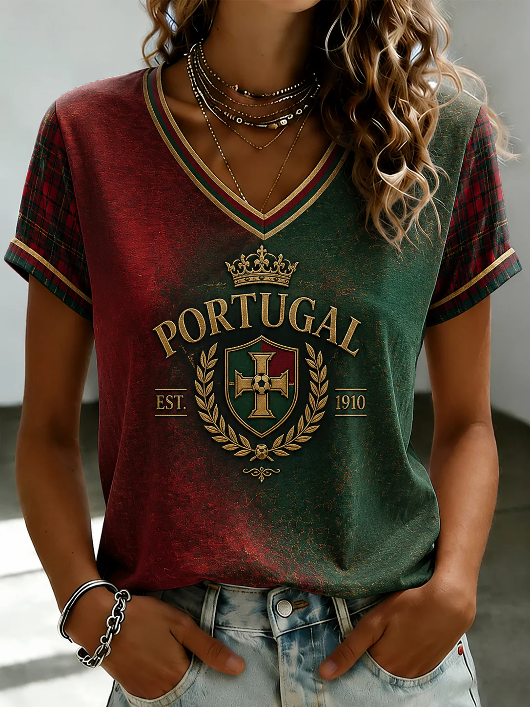 Women's Portuguese Football Printed V-neck T-shirt
