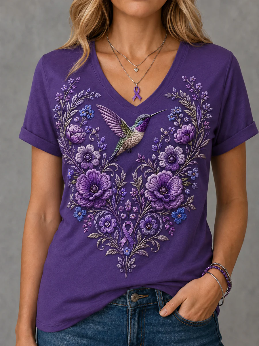 Women's Purple Floral & Hummingbird Print Alzheimer's Awareness Support V-Neck Tee