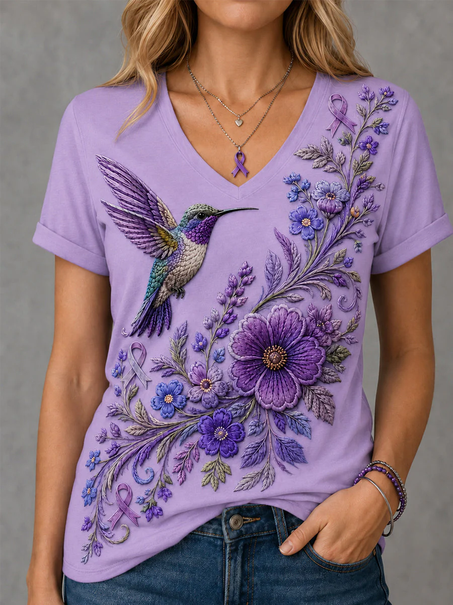 Women's Purple Floral & Hummingbird Print Alzheimer's Awareness Support V-Neck Tee - Image 2