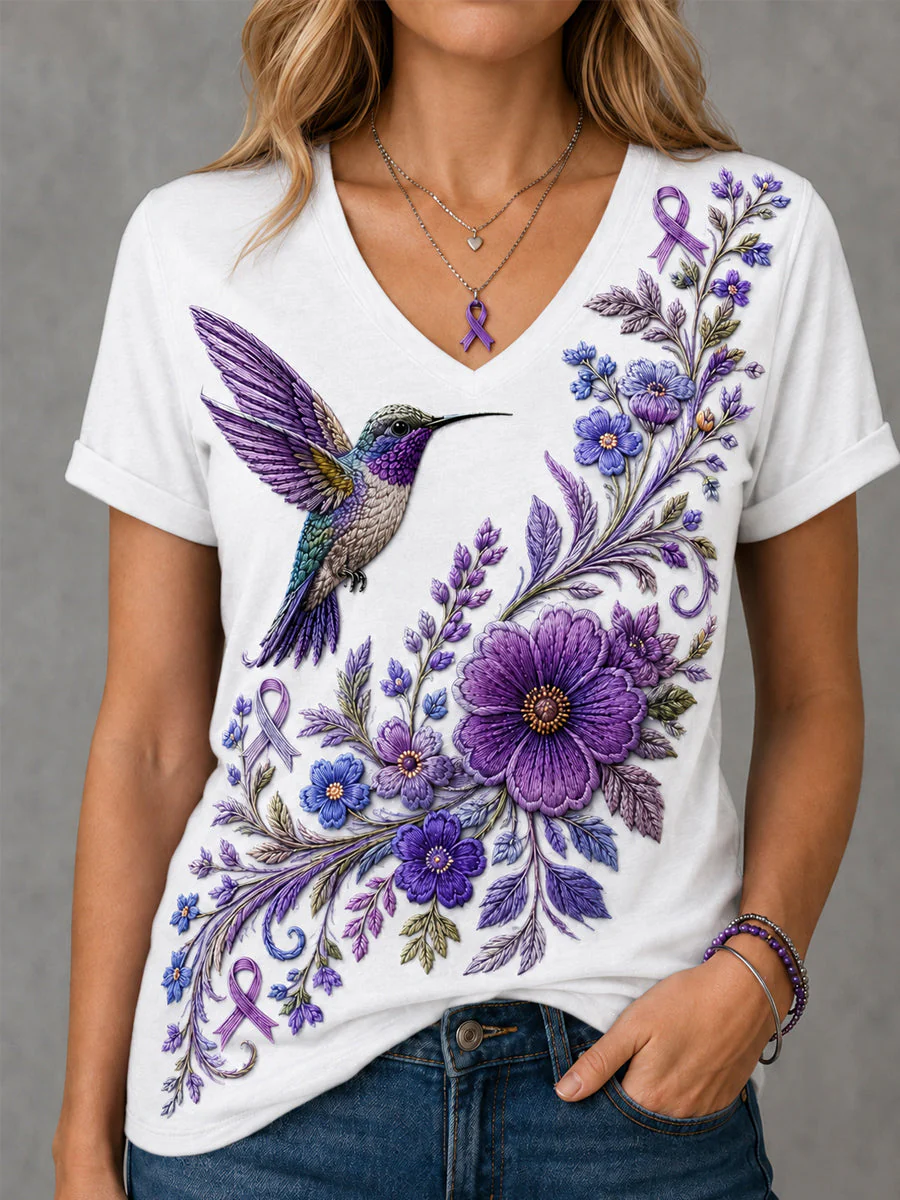 Women's Purple Floral & Hummingbird Print Alzheimer's Awareness Support V-Neck Tee - Image 3