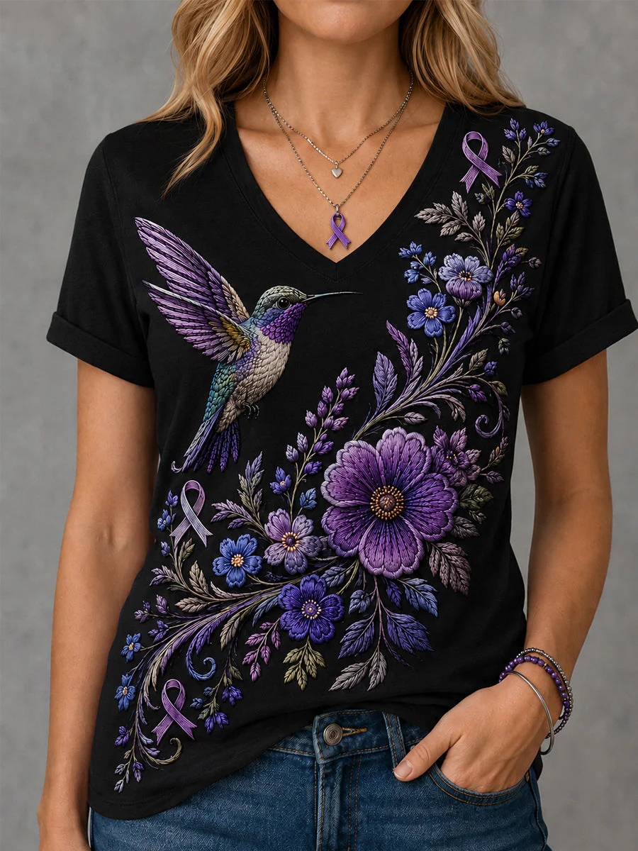 Women's Purple Floral & Hummingbird Print Alzheimer's Awareness Support V-Neck Tee - Image 4
