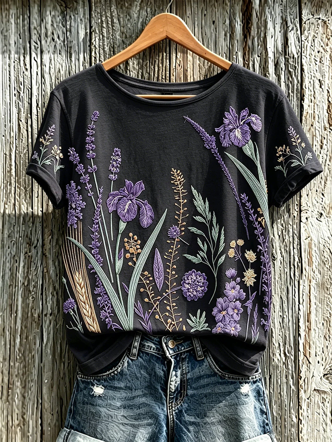 Women's purple plant flower pattern printed casual T-shirt - Image 4