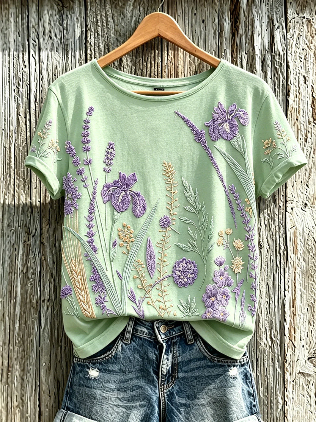 Women's purple plant flower pattern printed casual T-shirt - Image 5