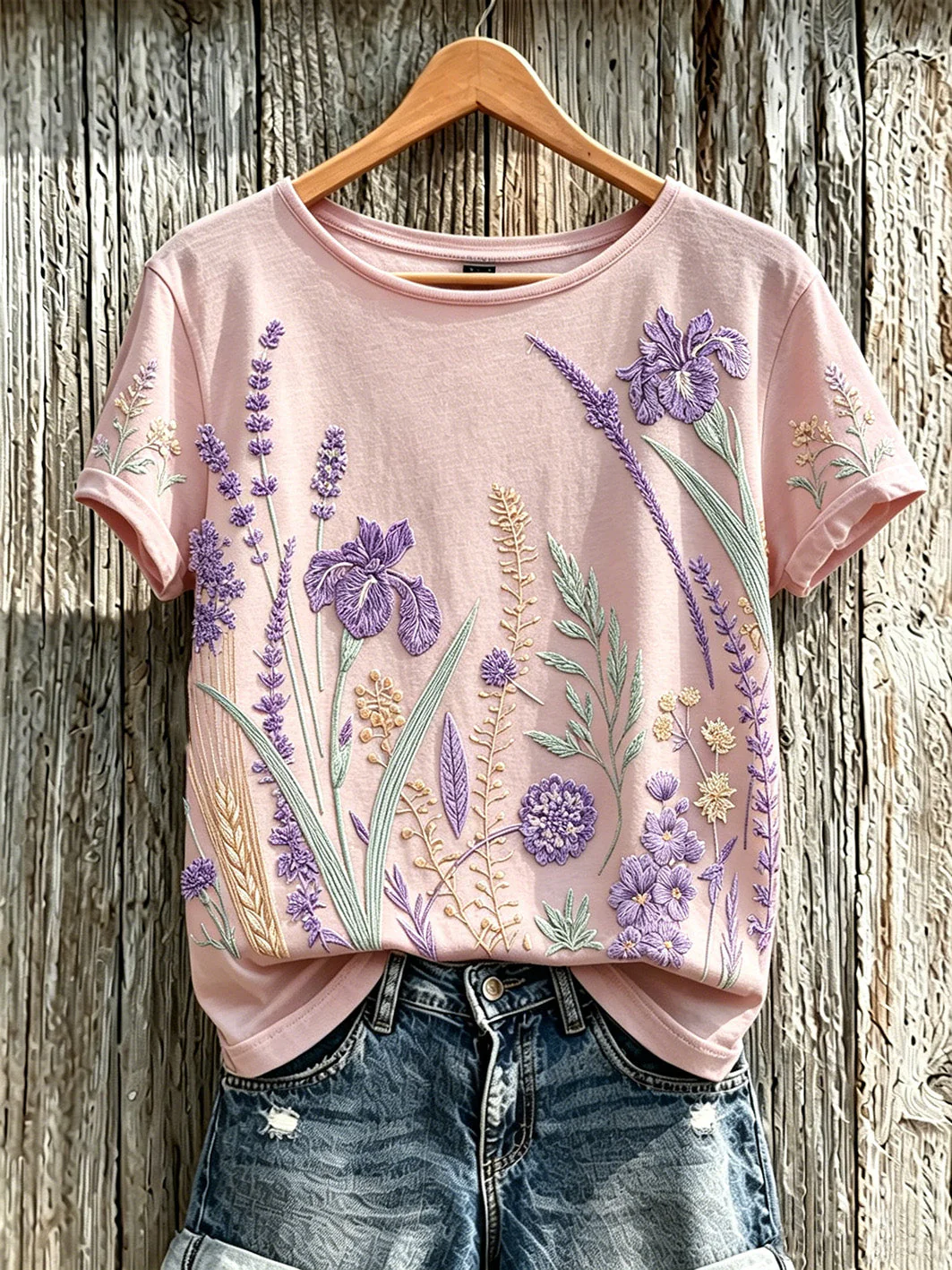 Women's purple plant flower pattern printed casual T-shirt - Image 7