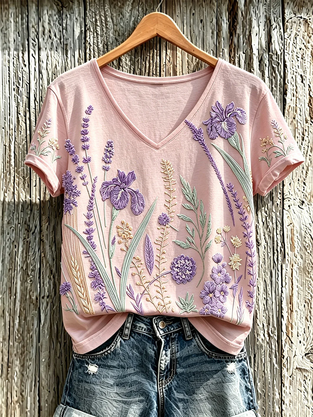 Women's purple plant flower pattern printed casual T-shirt - Image 3