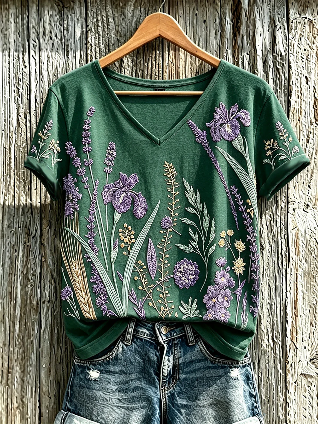 Women's purple plant flower pattern printed casual T-shirt - Image 5