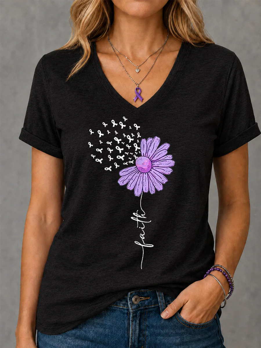 Women's Purple Ribbon Sunflower Faith Print Alzheimer's Awareness Support V-Neck Tee - Image 2