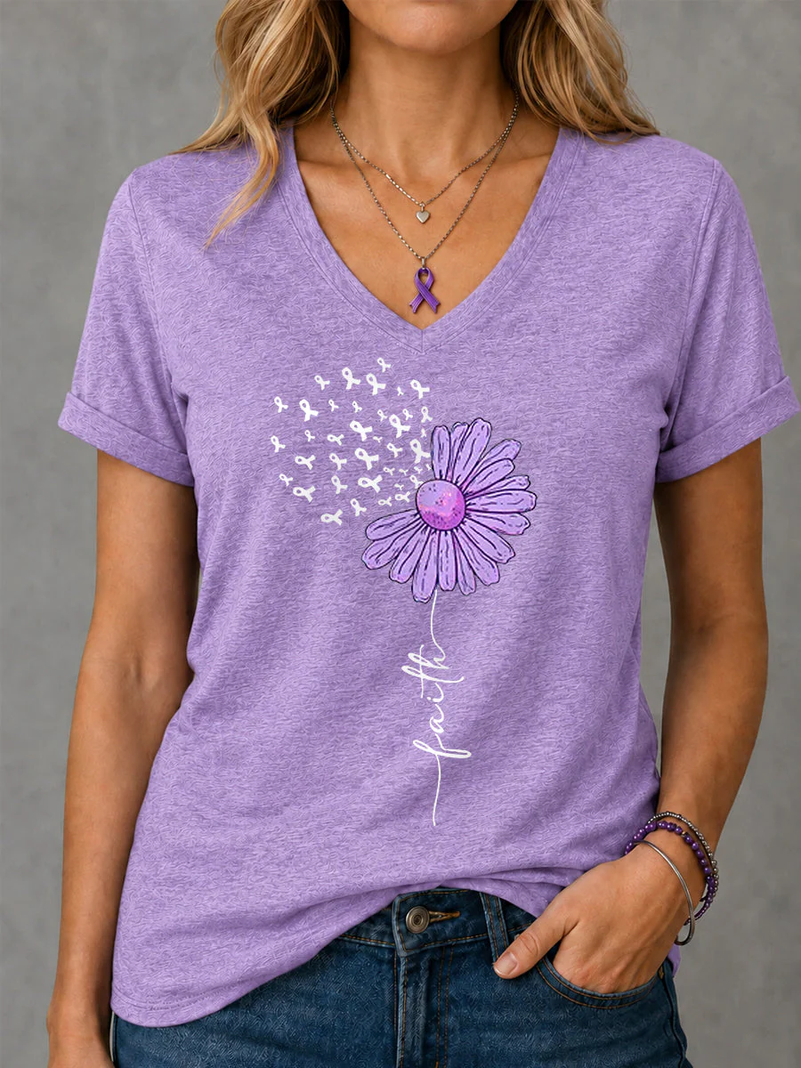 Women's Purple Ribbon Sunflower Faith Print Alzheimer's Awareness Support V-Neck Tee - Image 3
