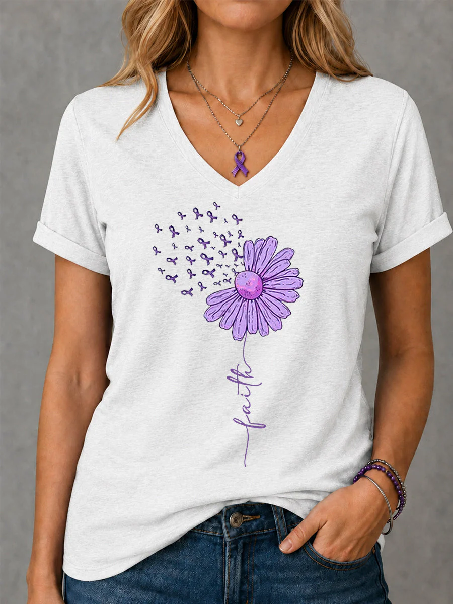 Women's Purple Ribbon Sunflower Faith Print Alzheimer's Awareness Support V-Neck Tee - Image 4