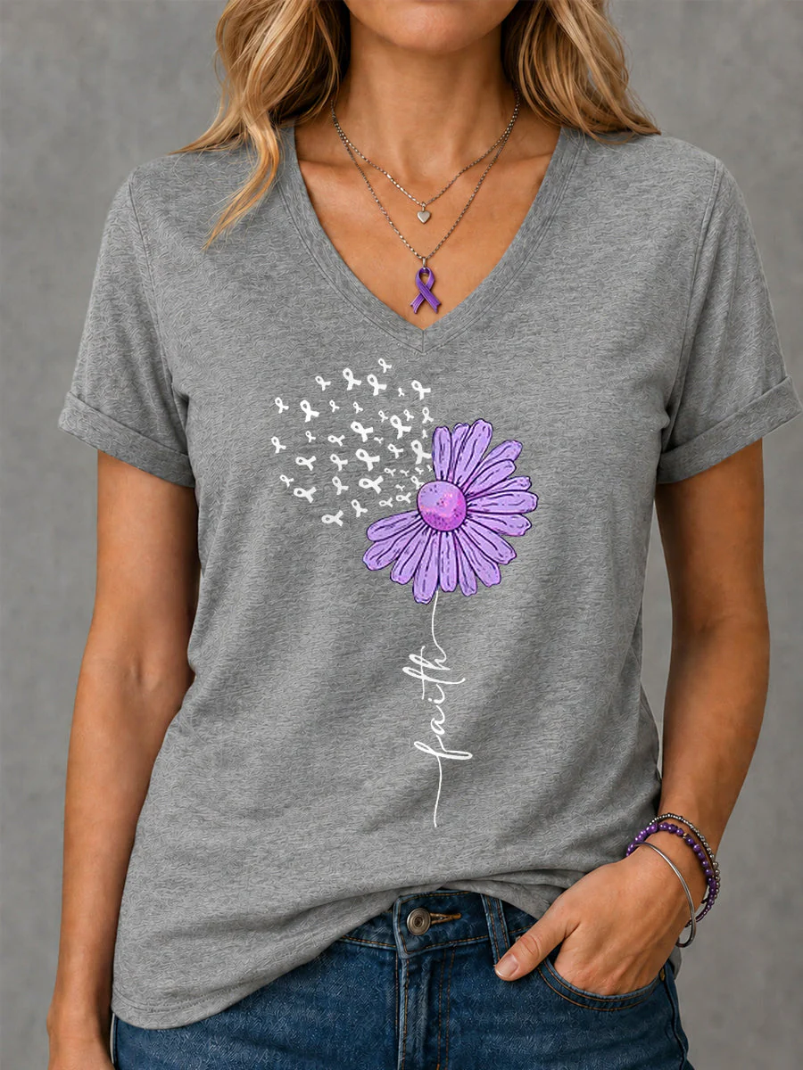 Women's Purple Ribbon Sunflower Faith Print Alzheimer's Awareness Support V-Neck Tee - Image 5