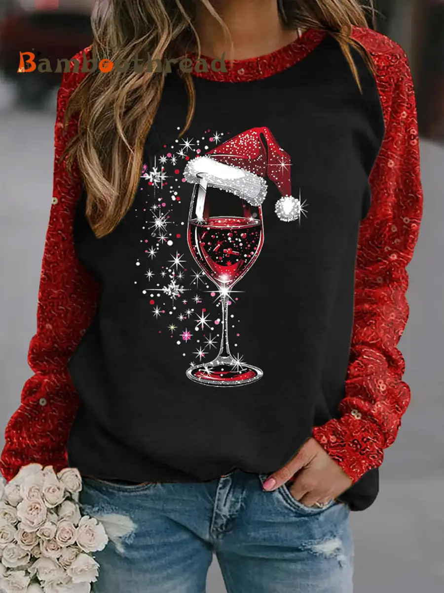 Women's red wine glass print raglan sleeve sweatshirt - Image 2