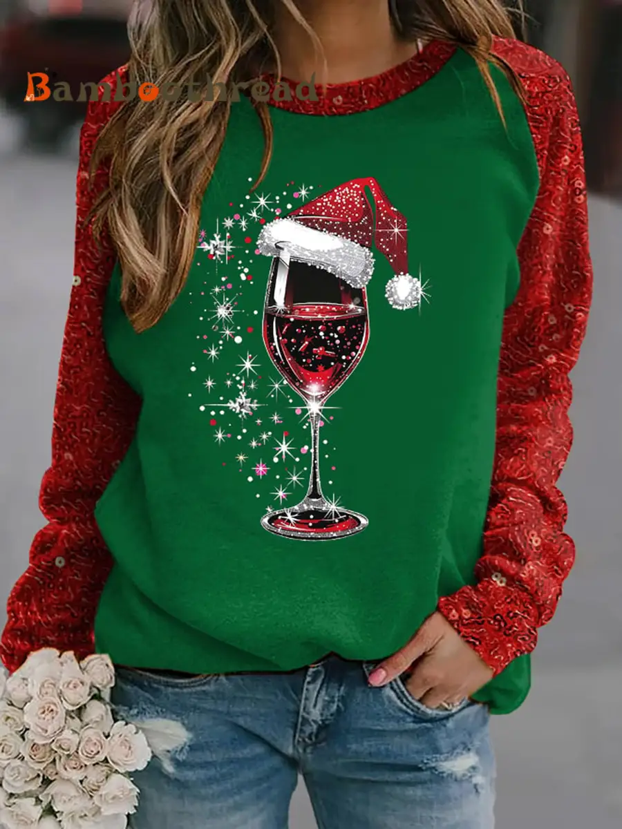 Women's red wine glass print raglan sleeve sweatshirt - Image 3