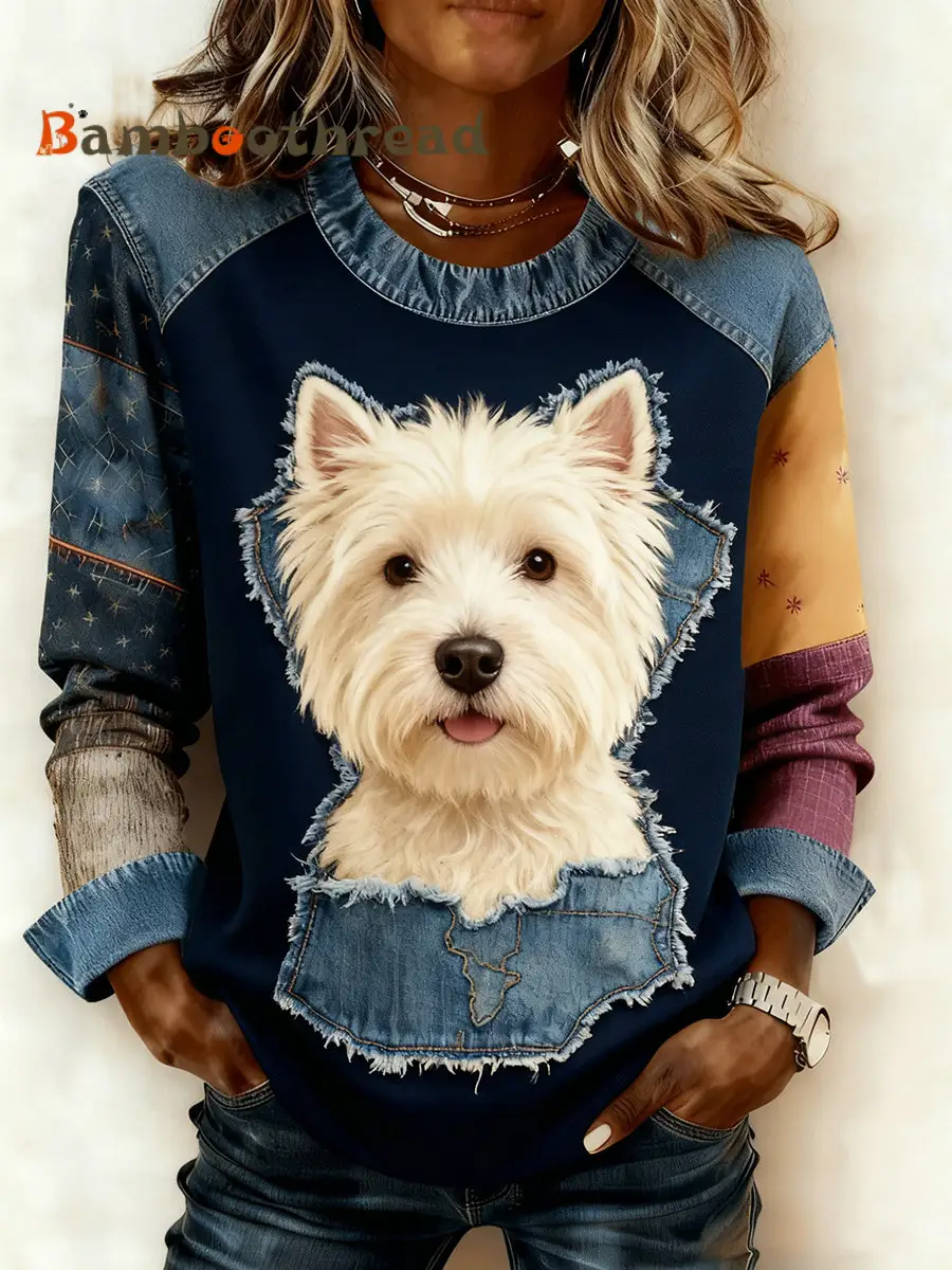 Women's Retro Animal Art Print Comfortable Denim Patchwork Sweatshirt