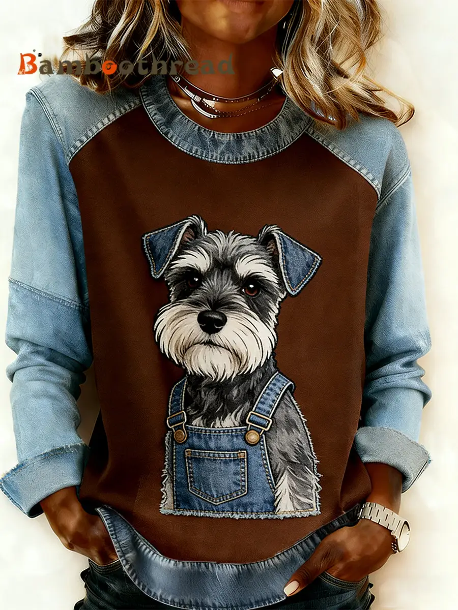 Women's Retro Animal Art Print Comfortable Denim Patchwork Sweatshirt