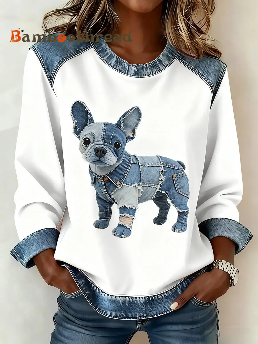 Women's Retro Animal Art Print Comfortable Denim Patchwork Sweatshirt