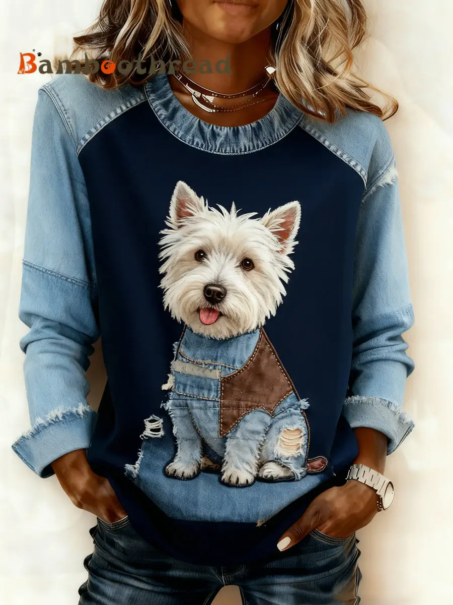 Women's Retro Animal Art Print Comfortable Denim Patchwork Sweatshirt