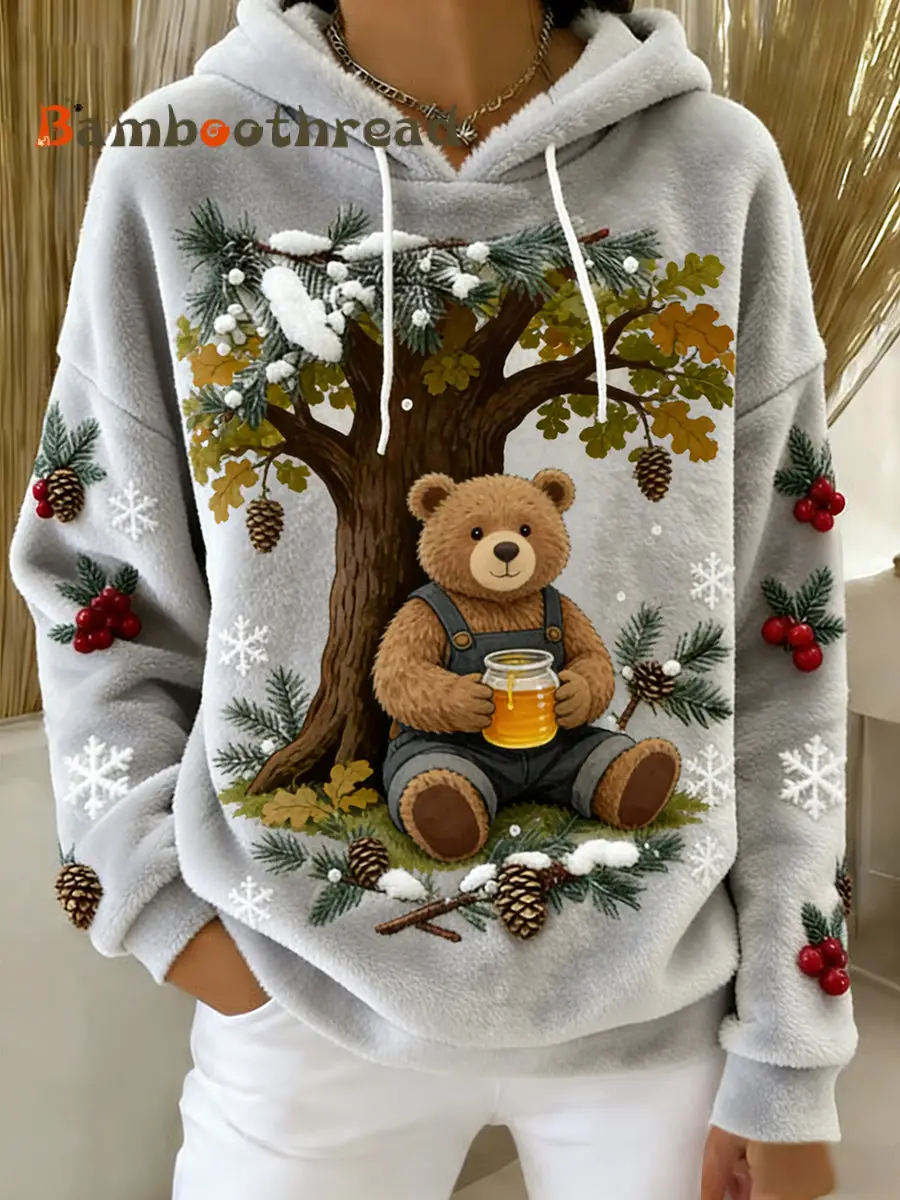 Women's Retro Animal Art Print Comfortable Flannel Hooded Sweatshirt