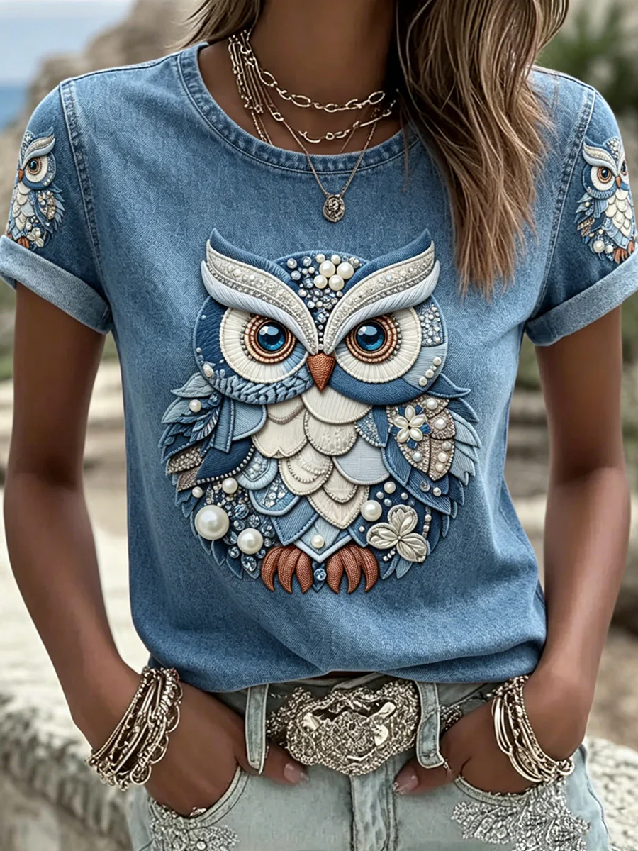 Women's Retro Animal Owl Printed Vintage Fashion Loose Short Sleeve T-Shirt