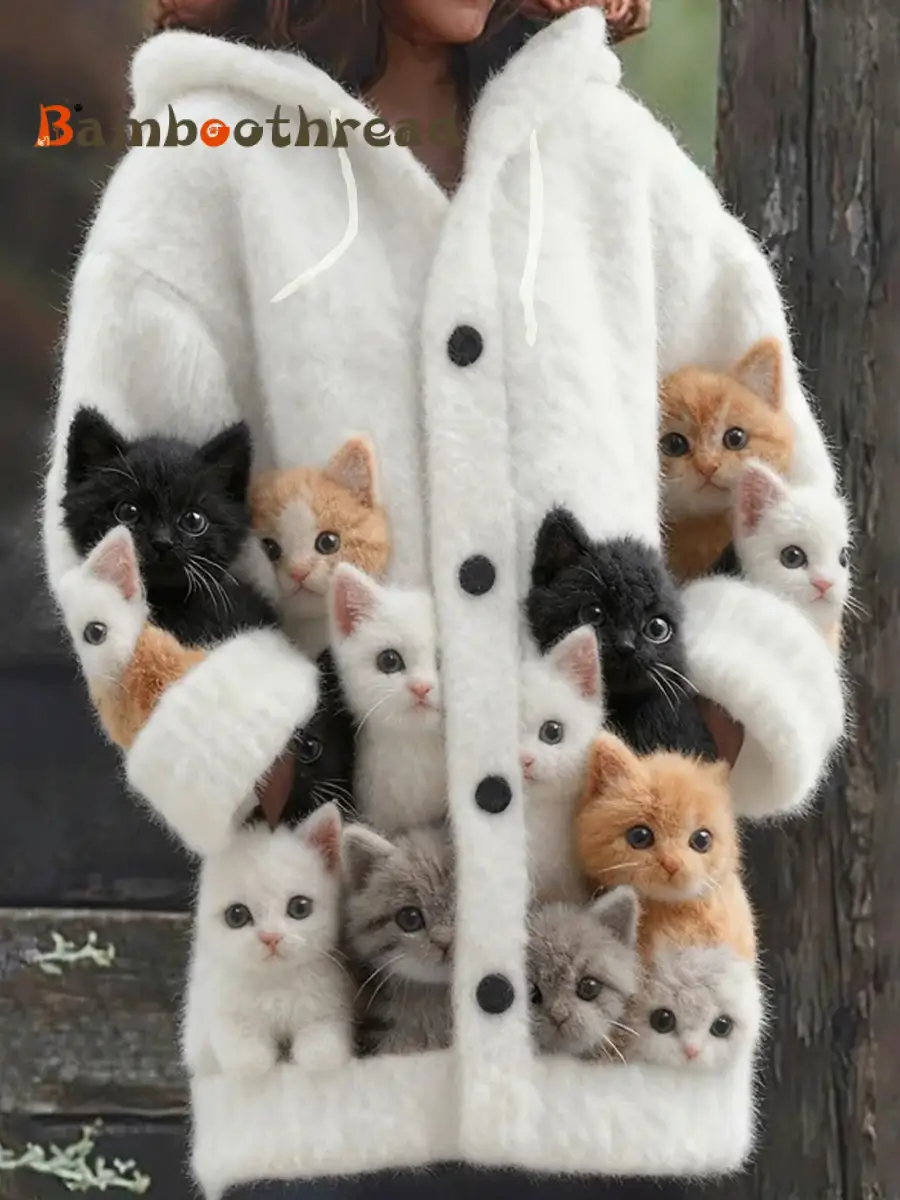 Women's Retro Animal Print Casual Comfort Knitted Hooded Cardigan