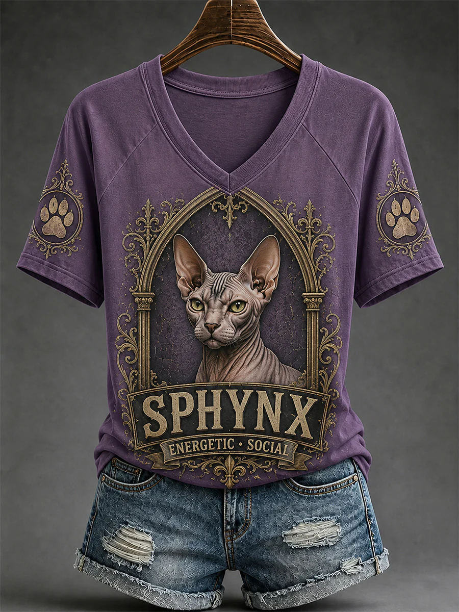 Women's Retro Cat Print Casual V-Neck Tee
