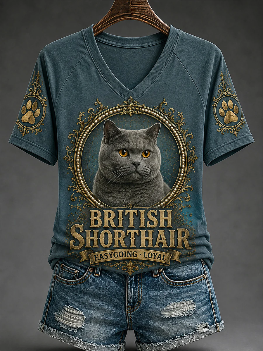 Women's Retro Cat Print Casual V-Neck Tee