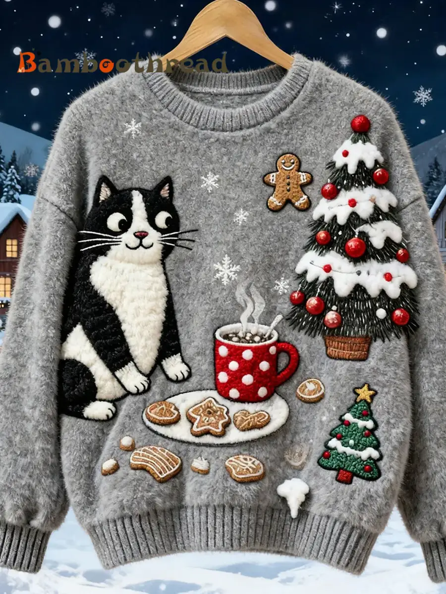 Women's Retro Christmas Animal Art Print Comfortable Flannel Sweatshirt