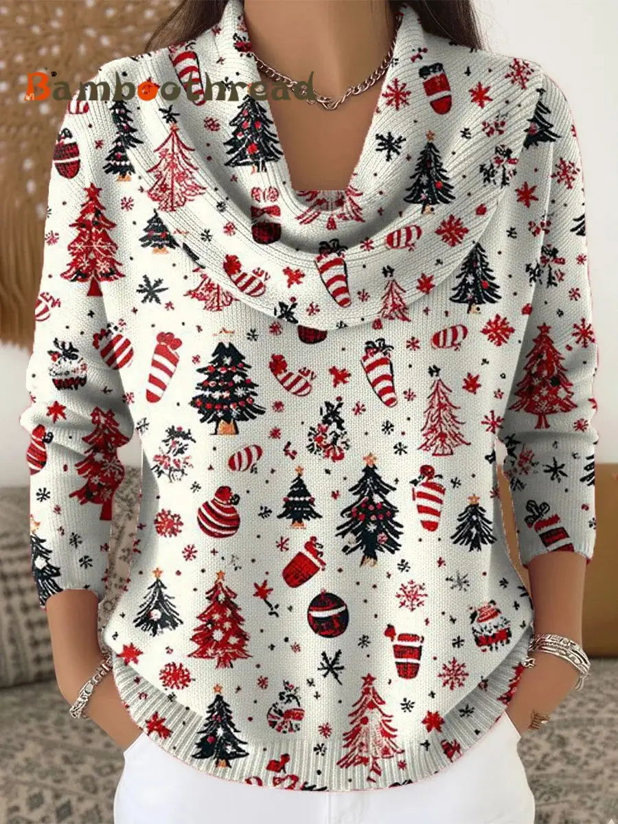 Women's Retro Christmas Art  Print Cowl Neck Sweater