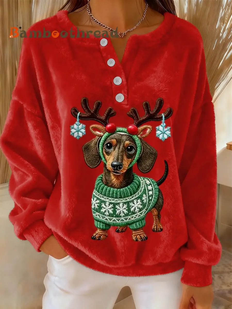 Women's Retro Christmas Cute Dachshund Print Long-sleeve Flannel Sweater