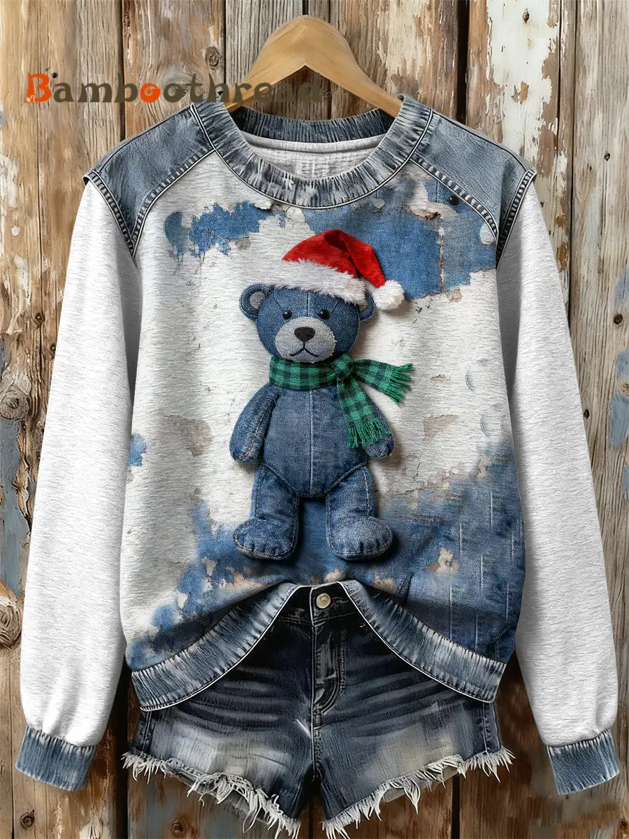 Women's Retro Christmas Denim Bear Print Sweatshirt