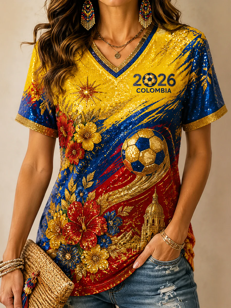 Women's Retro Columbia Soccer Art V-Neck T-Shirt