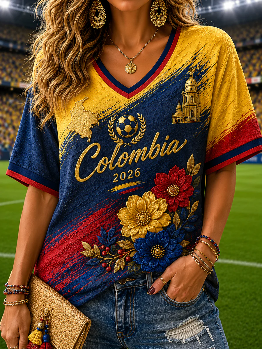 Women's Retro Columbia Soccer Fan Casual V-Neck Top