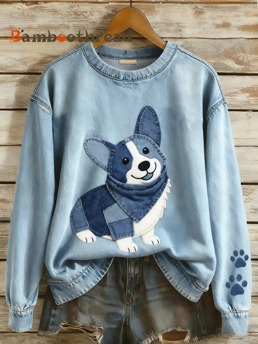 Women's Retro Denim Patchwork Animal Art Print Casual Comfort Long-Sleeve Sweatshirt