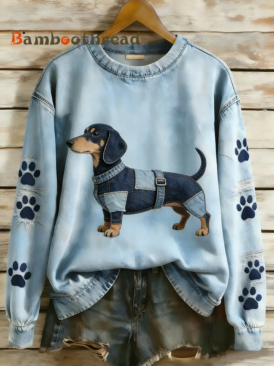Women's Retro Denim Patchwork Animal Art Print Casual Comfort Long-Sleeve Sweatshirt