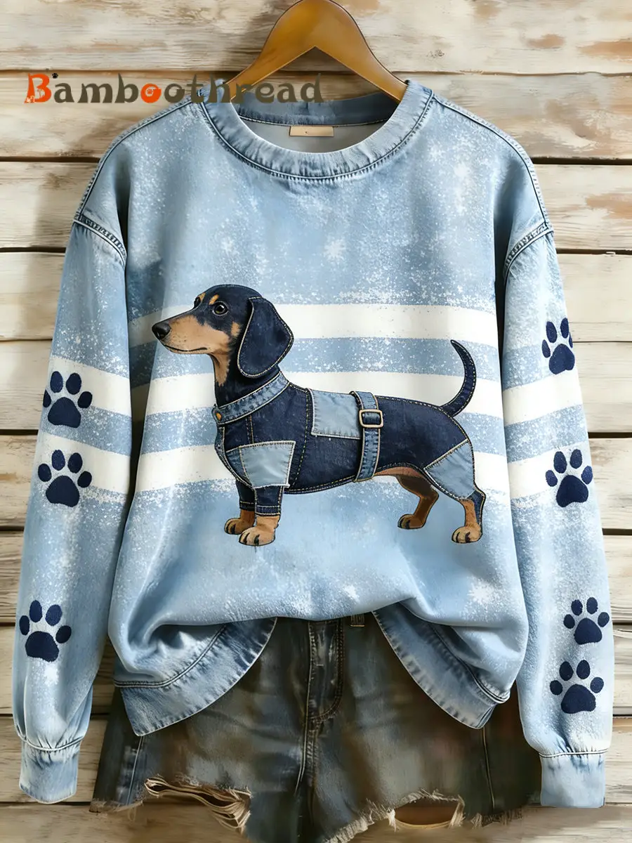Women's Retro Denim Patchwork Animal Art Print Casual Comfort Long-Sleeve Sweatshirt
