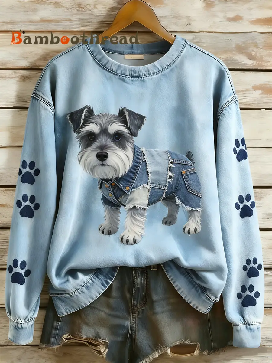 Women's Retro Denim Patchwork Animal Art Print Casual Comfort Long-Sleeve Sweatshirt