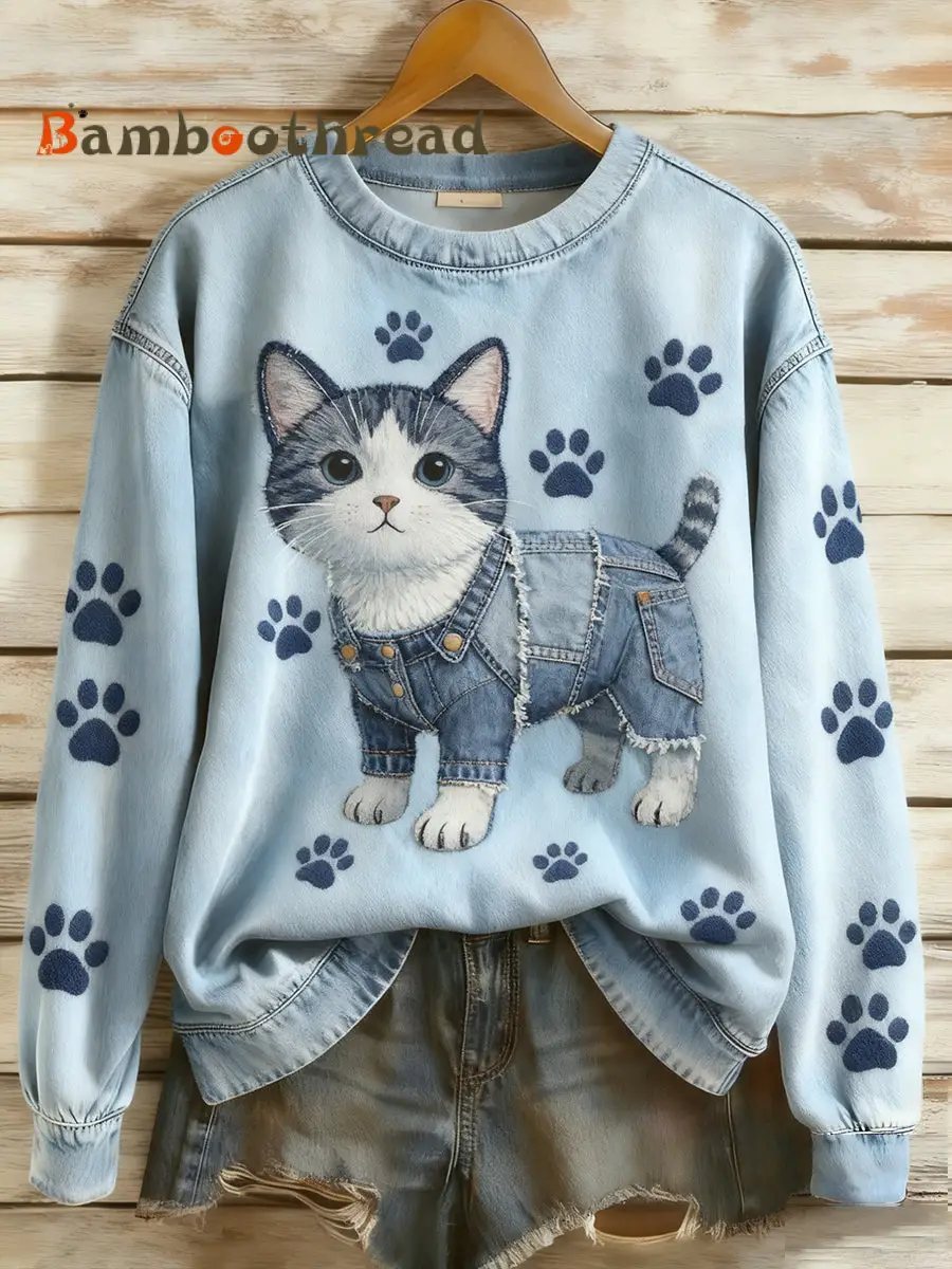 Women's Retro Denim Patchwork Animal Art Print Casual Comfort Long-Sleeve Sweatshirt