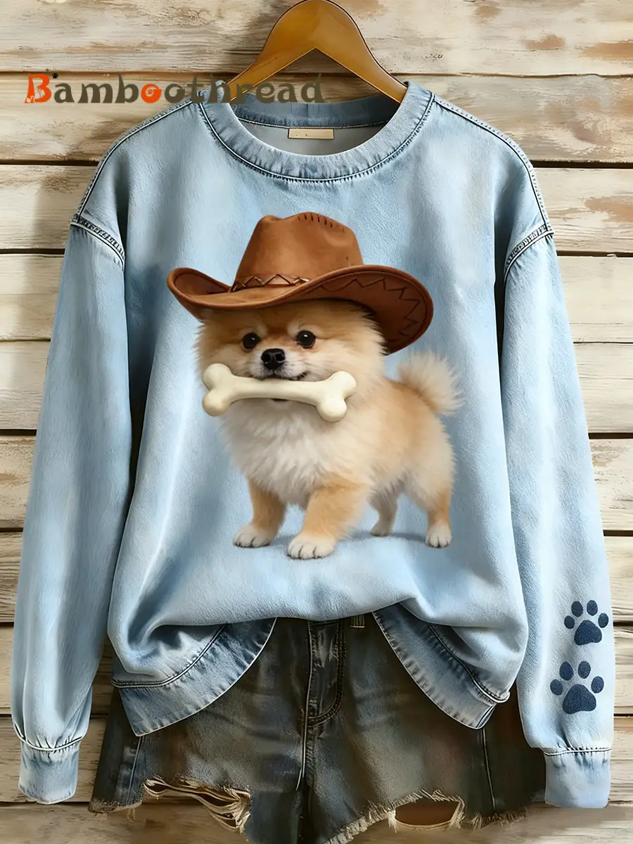 Women's Retro Denim Patchwork Animal Art Print Casual Comfort Long-Sleeve Sweatshirt