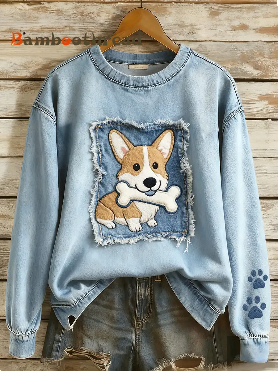 Women's Retro Denim Patchwork Animal Art Print Casual Comfort Long-Sleeve Sweatshirt