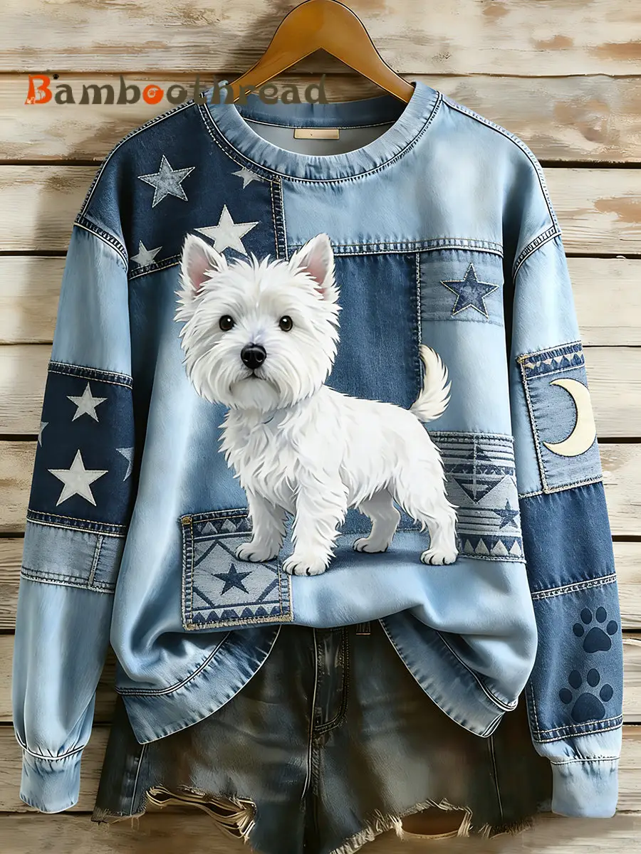 Women's Retro Denim Patchwork Animal Art Print Casual Comfort Long-Sleeve Sweatshirt