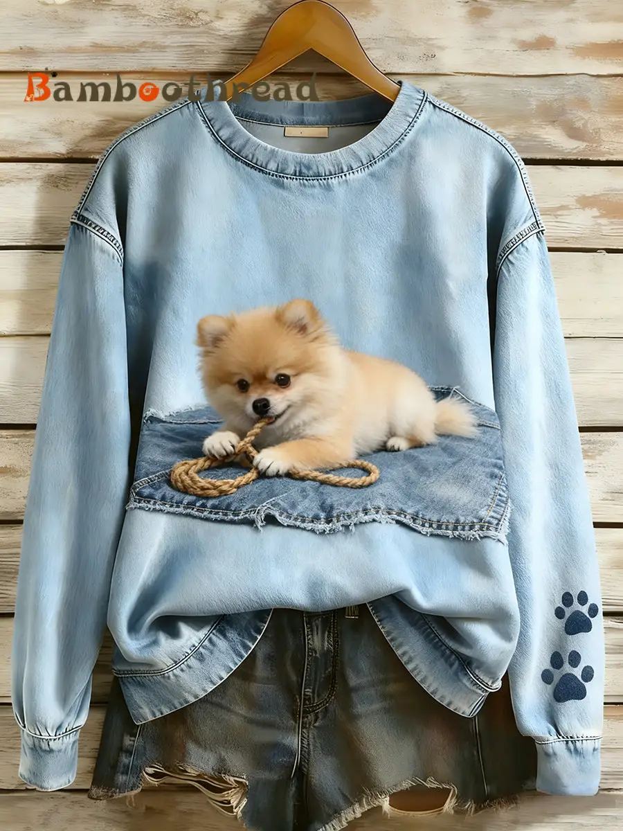 Women's Retro Denim Patchwork Animal Art Print Casual Comfort Long-Sleeve Sweatshirt