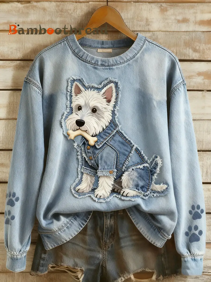 Women's Retro Denim Patchwork Animal Art Print Casual Comfort Long-Sleeve Sweatshirt
