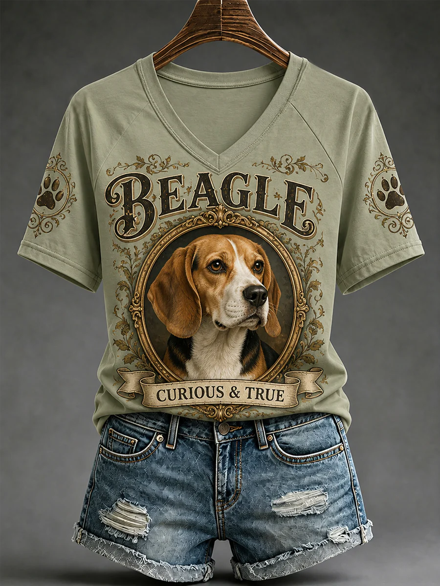 Women's Retro Dog Print Casual V-Neck Tee