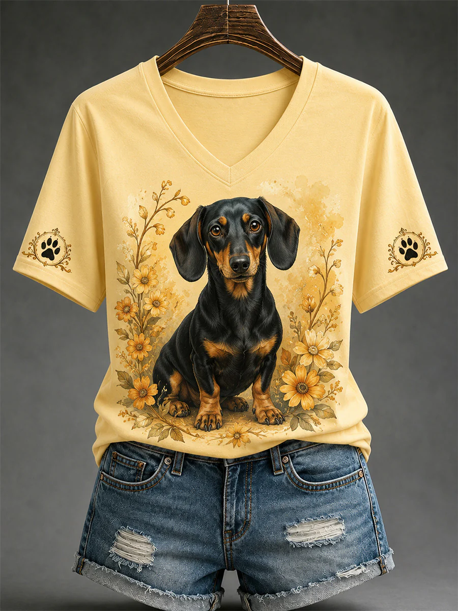 Women's Retro Dog Print Casual V-Neck Tee - Image 10