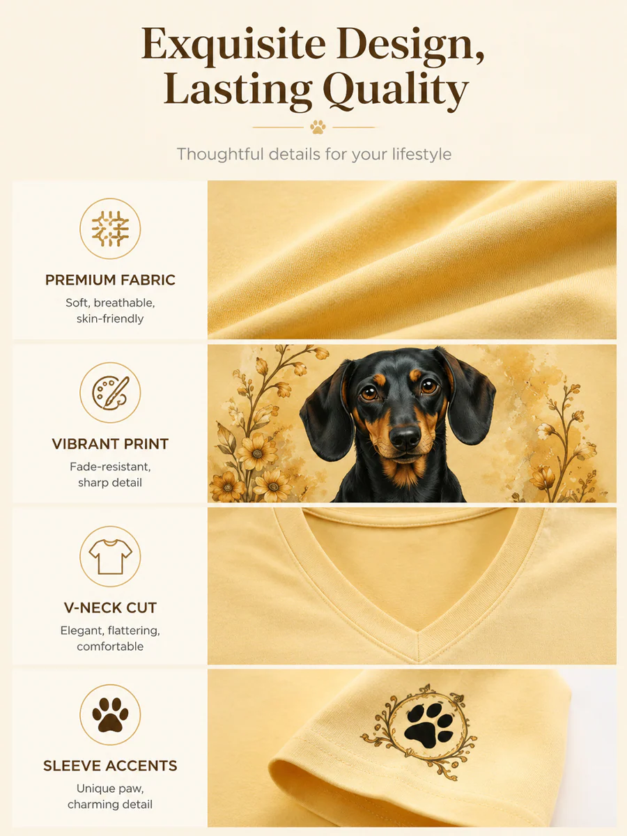 Women's Retro Dog Print Casual V-Neck Tee - Image 2